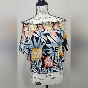 Forever 21 Women's Black Floral Printed Bardot Top Size Large NWT